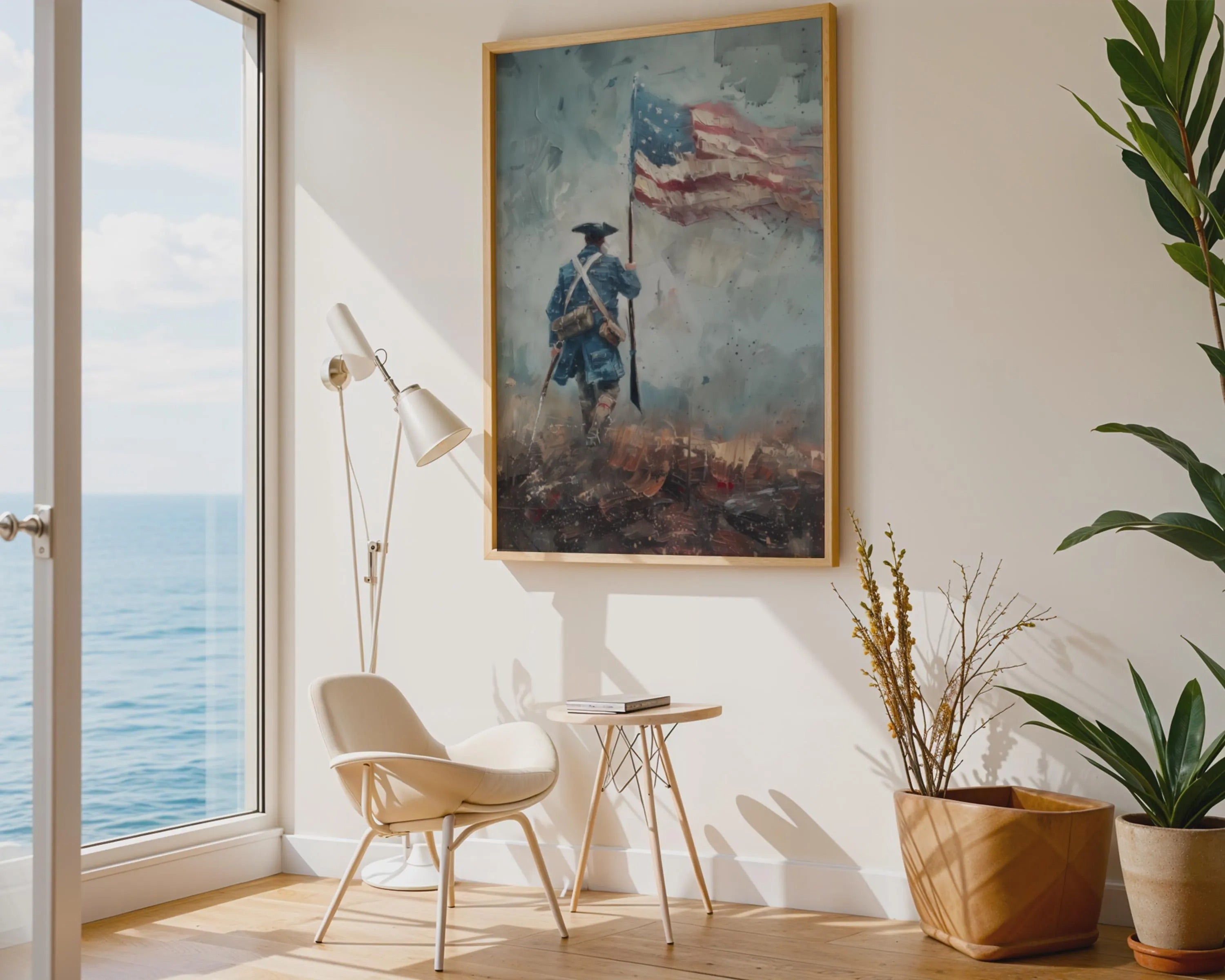 Revolutionary War Soldier Print, Impressionist American Flag Art, Blue Red Decor